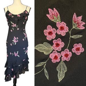 Vintage Sue Wong Silk Sheer Mesh Floral Embroider Beaded Asymmetrical Slip Dress